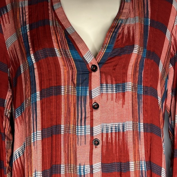 11.1.TYLHO XSMALL RUST & BLUE RAYON SHEATH LONG SLEEVED DRESS - Picture 6 of 11
